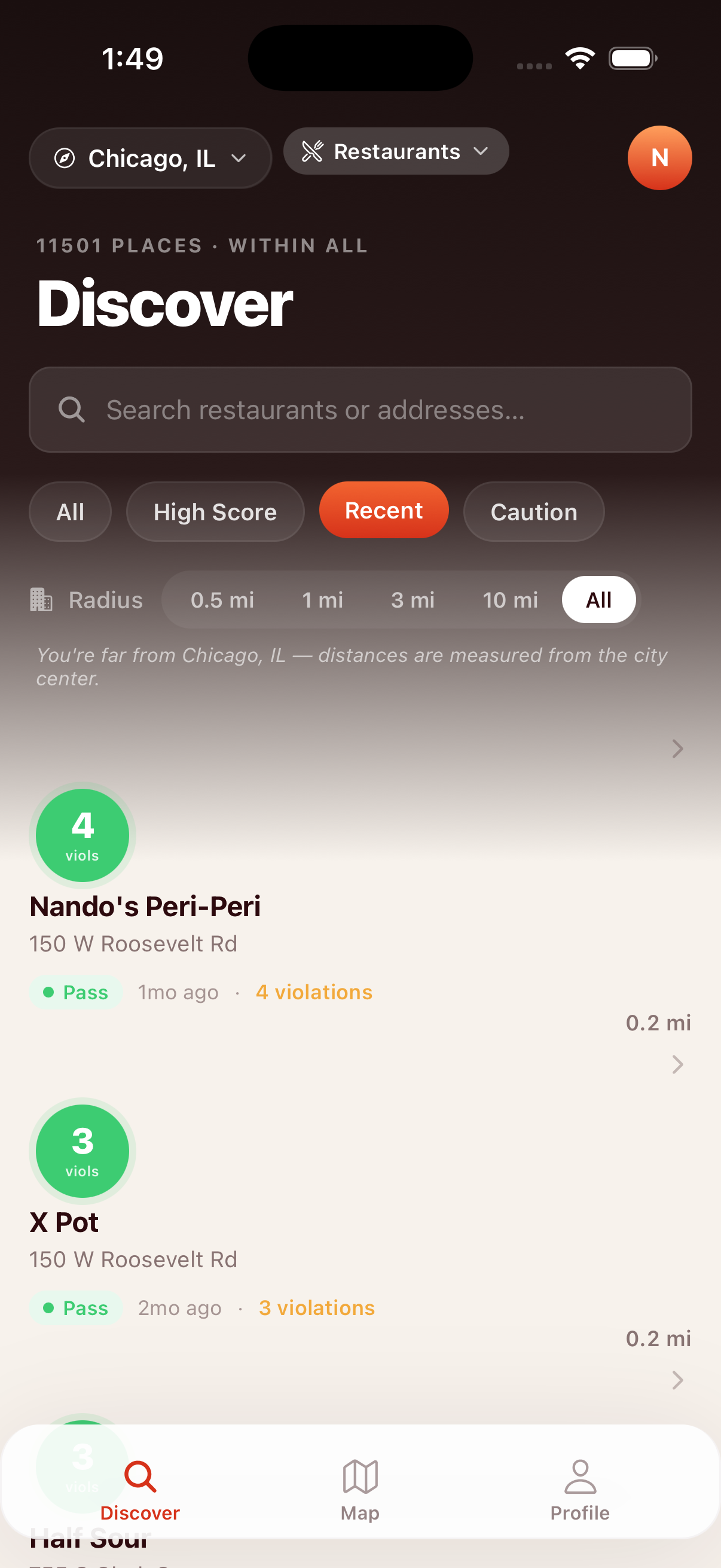 bitezzz app — Discover screen showing restaurant health inspection results